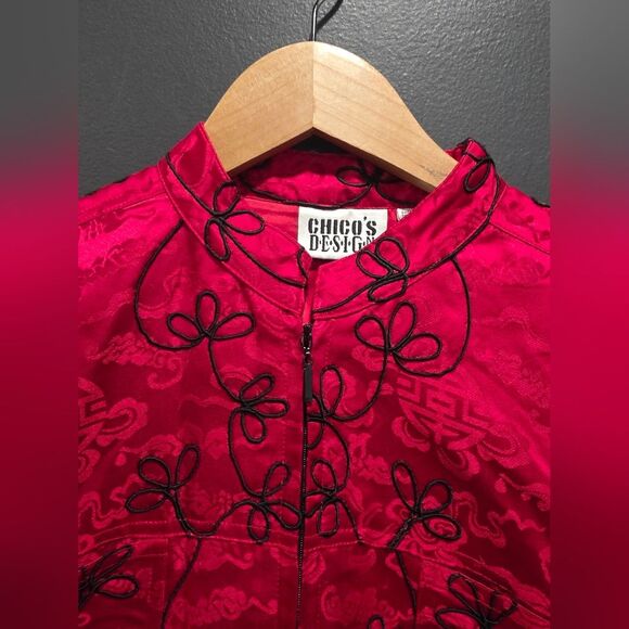 Silk Red Black Enbroidered Jacket Womens Full Zip Asian Inspired Chicos 0 Vtg - Picture 3 of 9
